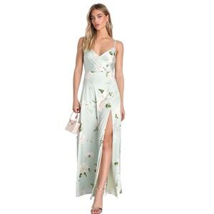 Lulus Women's Floral Print Maxi Dress Sleeveless Mint Green‎ Slit Size S